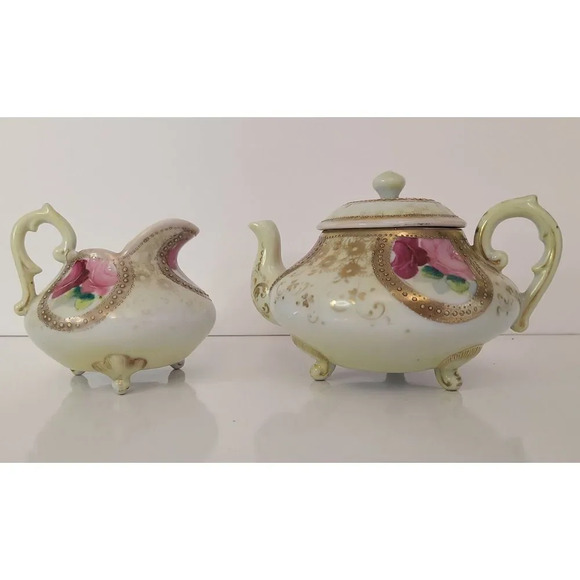 Vintage‎ Hand Painted Pink Gold Floral Footed Teapot & Creamer - Picture 2 of 14